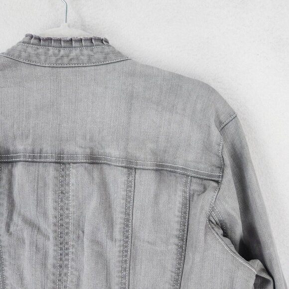 Chicos Jacket Women 2 Gray 12 Platinum Denim Jean Trucker Stretch Ruffle Casual - Picture 14 of 15
